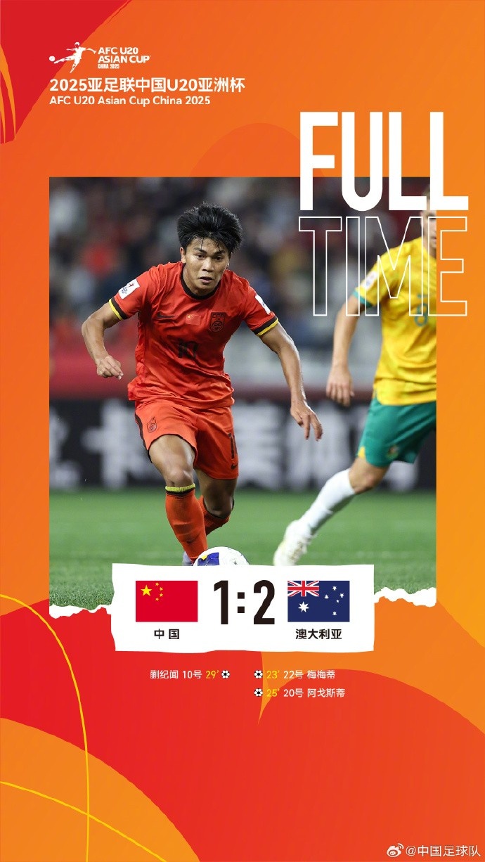  U20亞洲杯小組賽A組第三輪，中國隊1比2負于澳大利亞隊